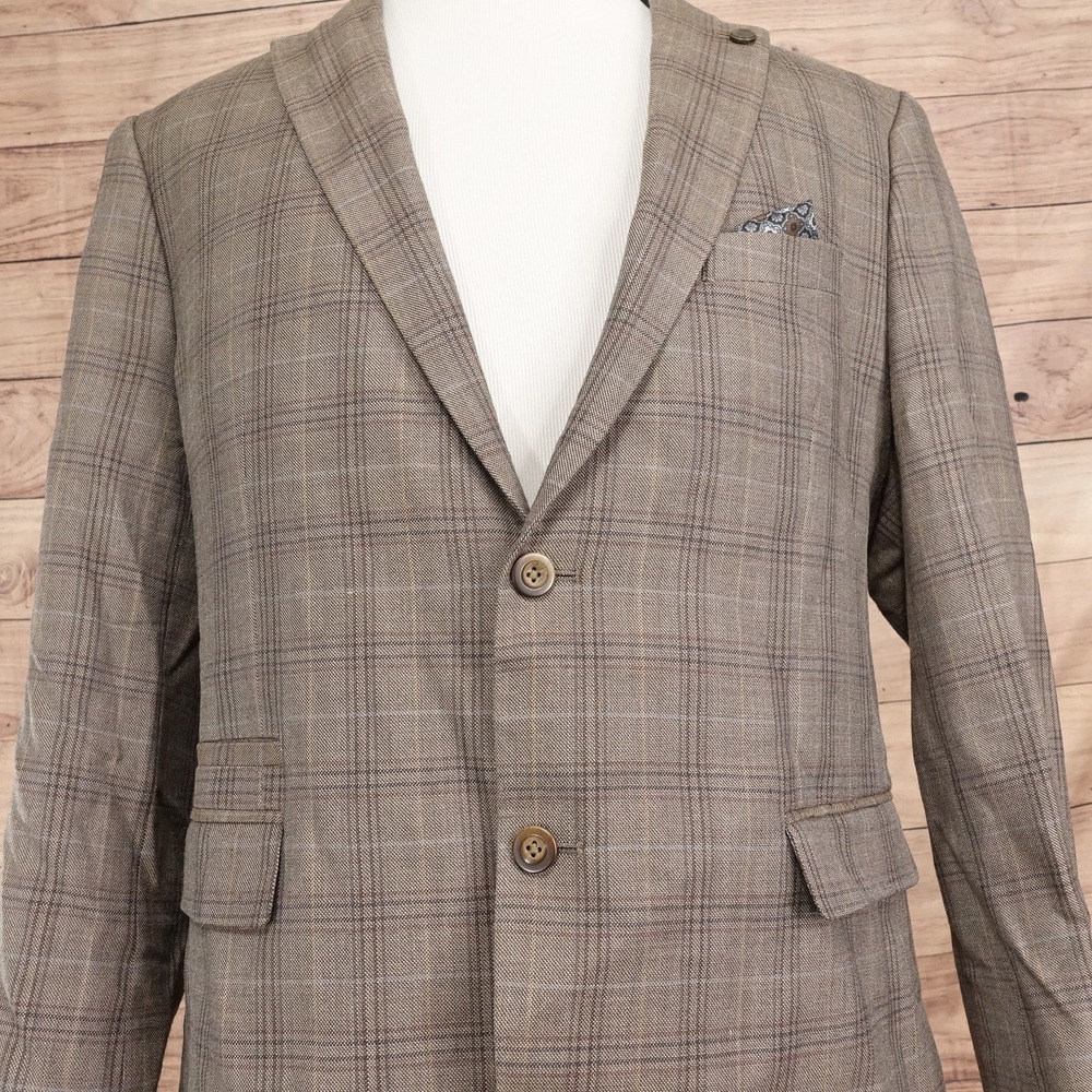 Johnston & Murphy Sport Coat Mens L Brown Silk Wool Plaid 2 Button Notch Jacket